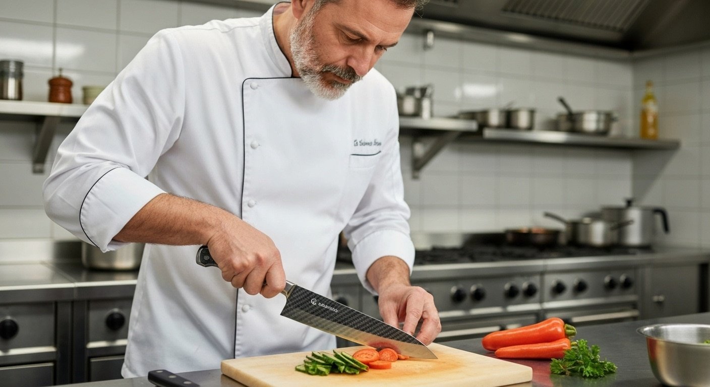 Professional Chef Using Carbon Fiber Kitchen Knives