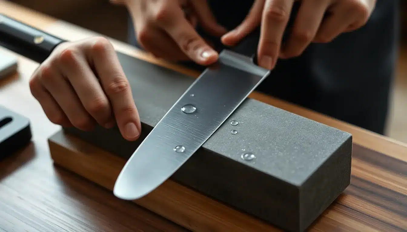 Sharpening Japanese Santoku Knife on a Whetstone