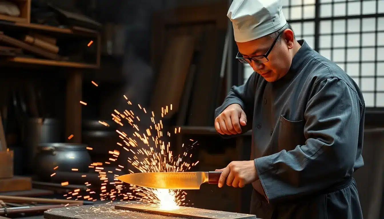 Artisan Crafting Japanese Knives for Chef