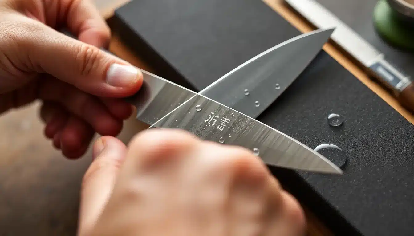 Sharpening a japanese knives santoku on a Whetstone