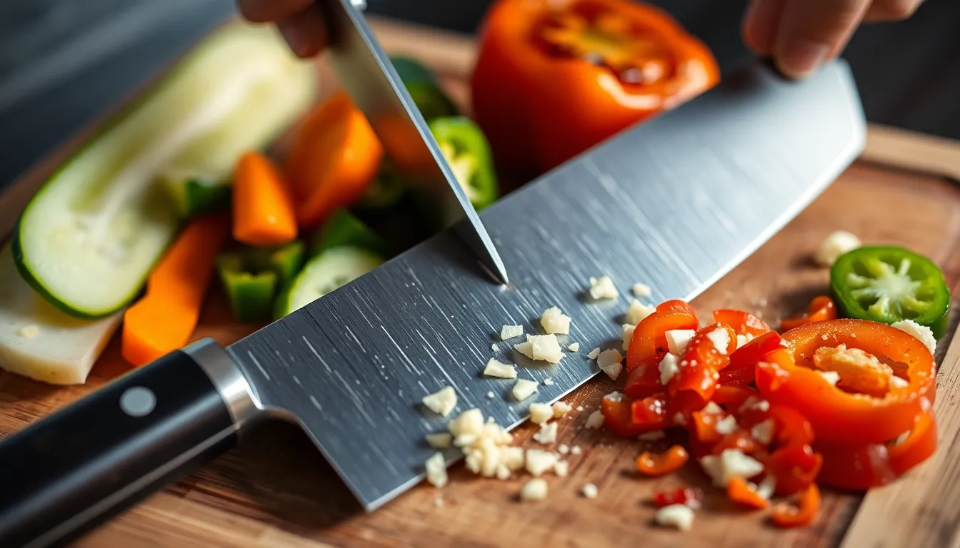 Versatile Japanese Santoku Knife Slicing Vegetables