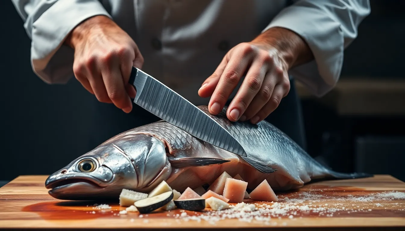 Professional Chef Breaking Down Fish with Japanese Butcher Knives