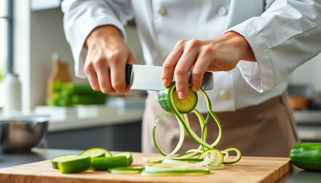 Chef Using Japanese Vegetable Knife for Katsuramuki