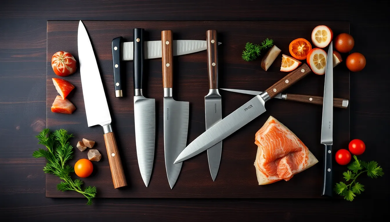 Assortment of Traditional Japanese Cooking Knives with Ingredients