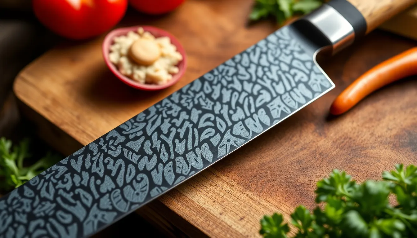 Damascus Chef Knife Japanese on Cutting Board
