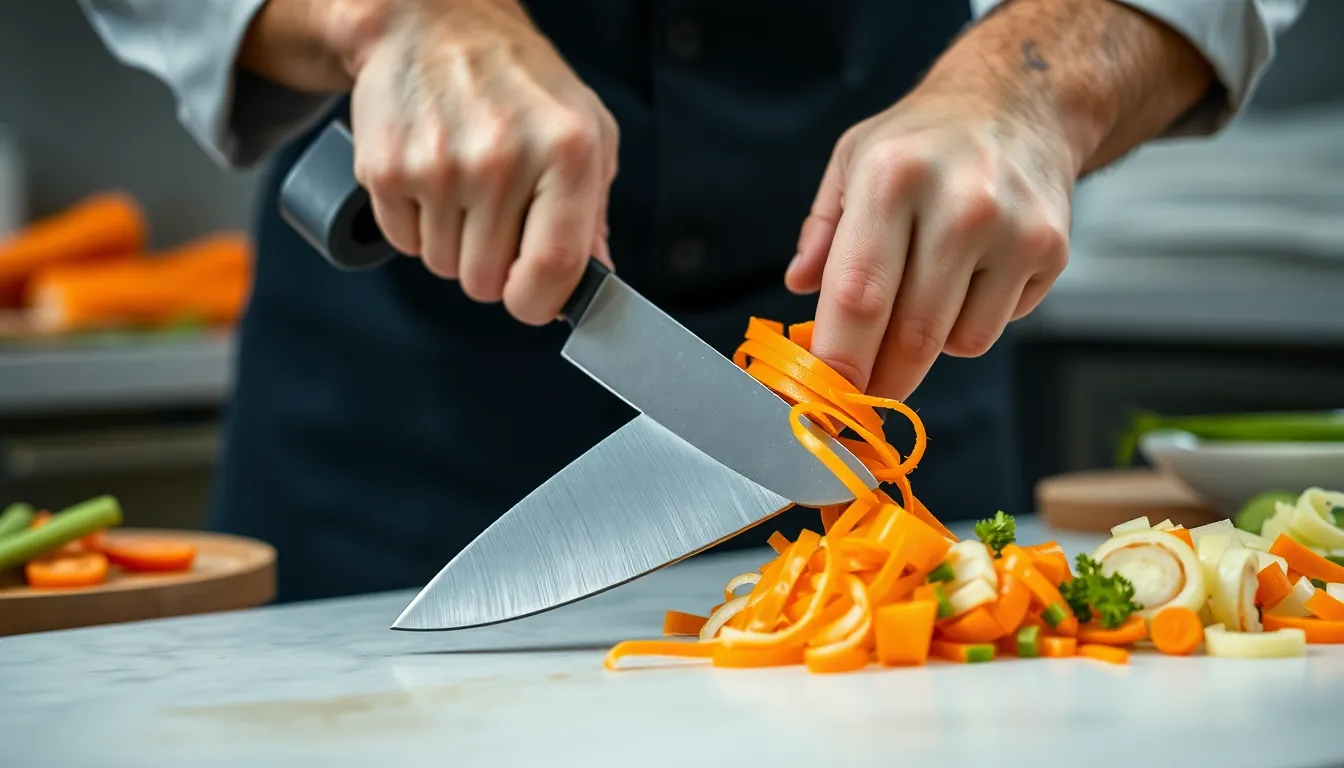 Chef Using japanese knives santoku for Precision Cuts