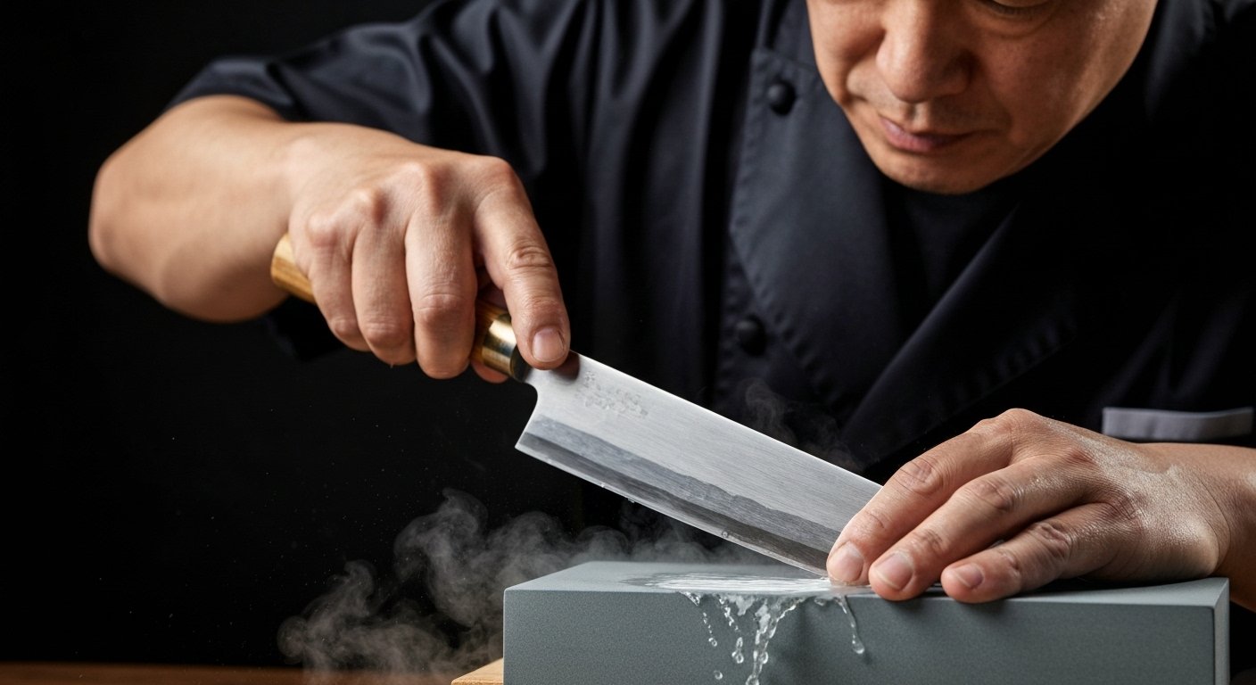 Chef Sharpening Japanese Knives Angle on Whetstone