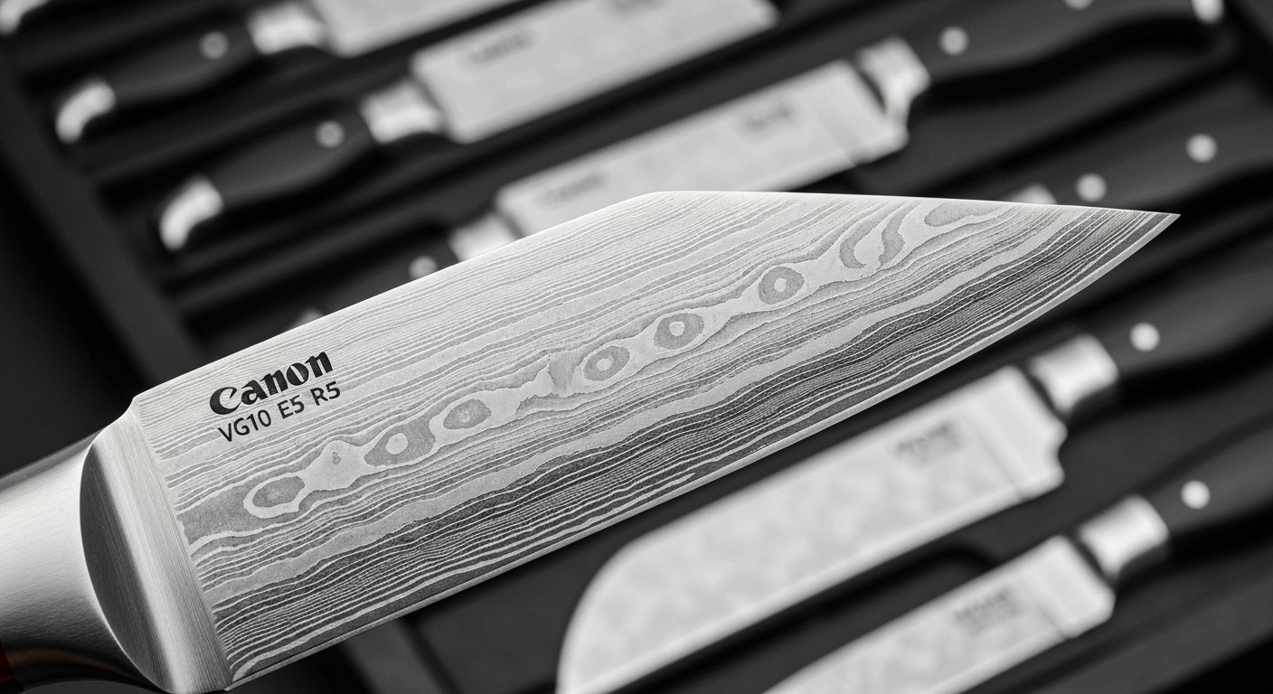Close-up of VG10 Knife Set Damascus Steel Blade