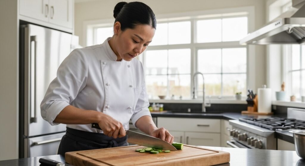 Chef Using Japanese Style Kitchen Knives for Precision Cutting