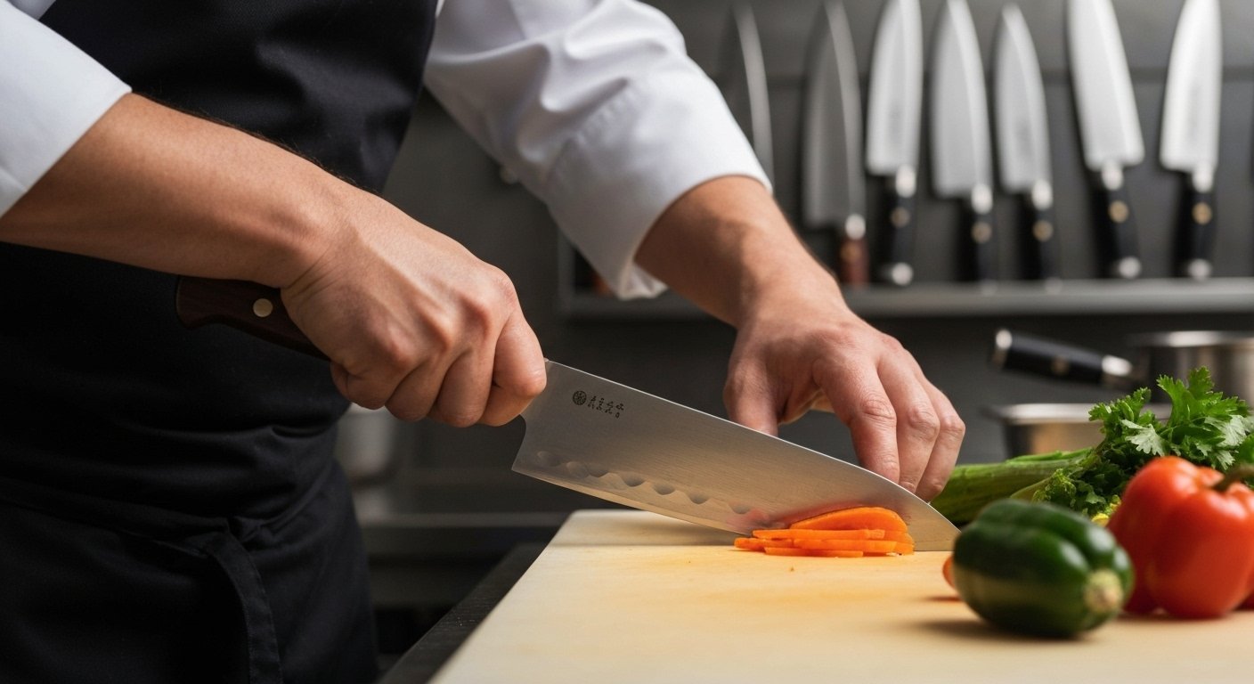 Professional Chef Using Japanese Cooking Knives Types for Precision Slicing
