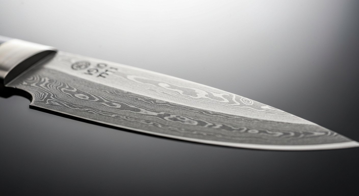 Close-Up of VG10 Kitchen Knife Blade Edge and Damascus
