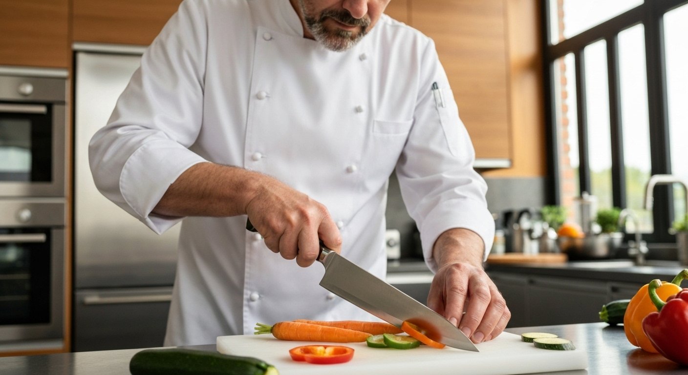 Professional Chef Using a Kanetsugu Knife for Precision Slicing