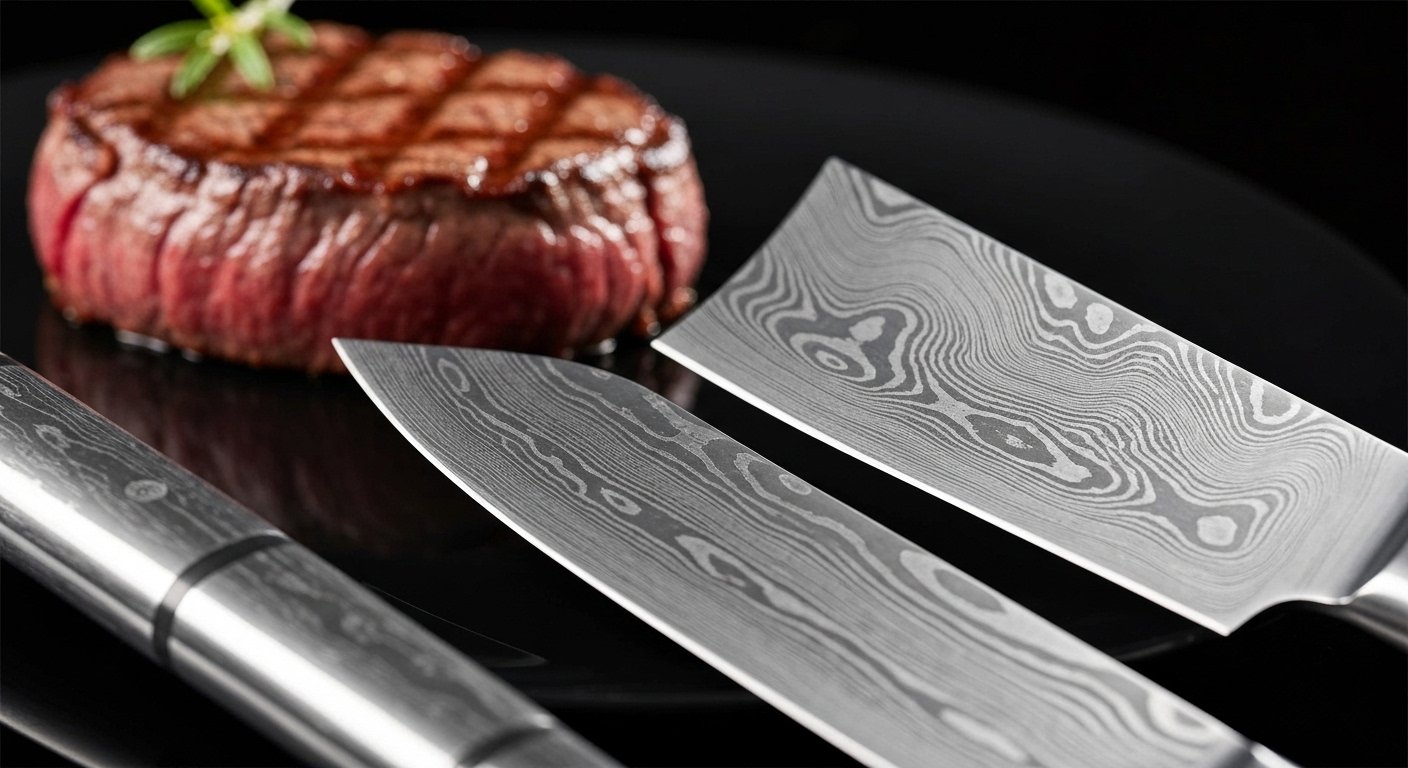 Intricate Patterns of a Premium Damascus Steak Knife Set